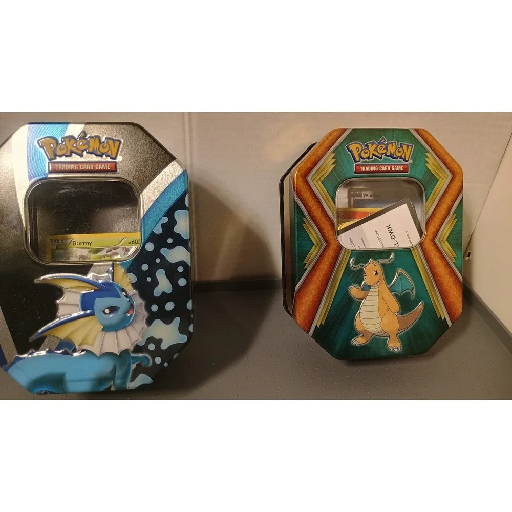Pokemon TCG Tins Lot 3 Mimikyu Vaporeon Dragonite Assortment  of Trading Cards